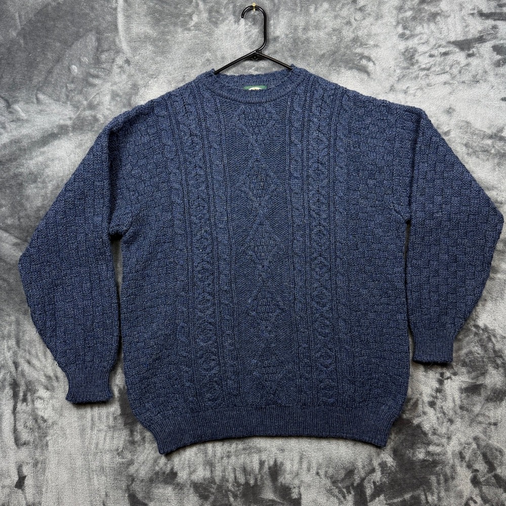 Cabelas Sweater Women 2XL Blue Wool Cable Knit Crewneck Made in Ireland 10346